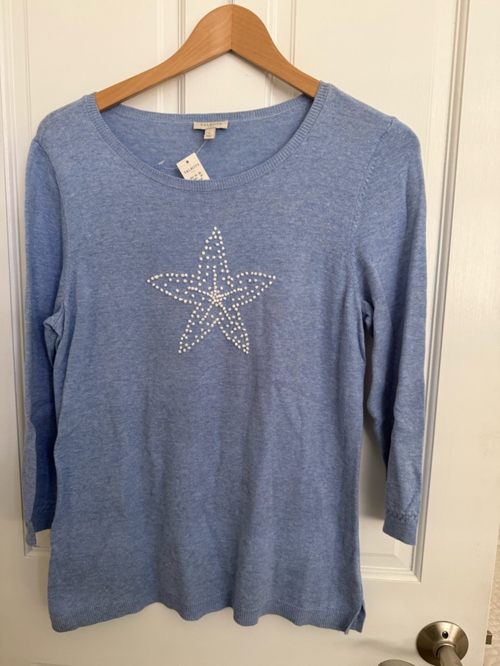 Talbots Light Blue Rhinestone Star Long-Sleeve Cotton Top